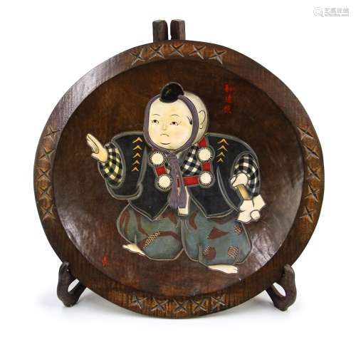 WOODEN DISH WITH CARVED IMAGE OF BOY