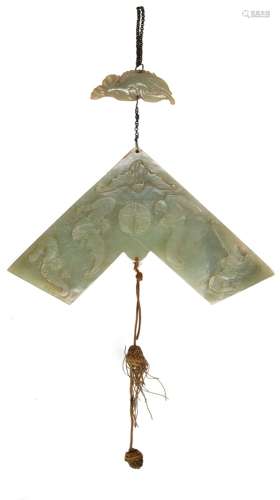 JADE CARVED TWO-PIECE HANGING PLAQUES玉雕饕餮纹罄