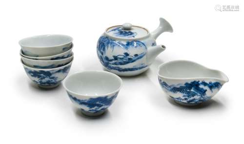 BLUE AND WHITE SCENE TEA SET OF SEVEN PIECES
