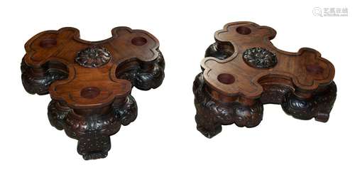 PAIR OF TEMPLE DING TRIPOD HARDWOOD BASES清 硬木三足底座一對