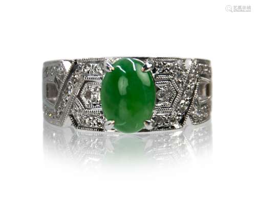 18k WHITE GOLD, JADE, DIAMOND RING (GIA Cert.)