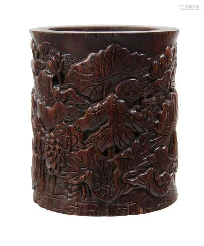 CARVED ROSEWOOD BRUSH POT; REPUBLIC PERIOD民國 紅木雕筆筒