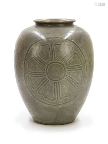 CELADON VASE WITH WILLOWS AND CRANES韓國 青瓷罐