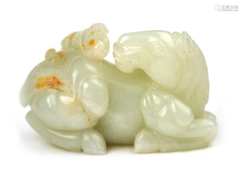 JADE CARVED HORSE AND MONKEY清 青白玉馬上封侯把件