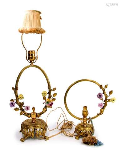 BRASS AND PORCELAIN FLOWER LAMPS PAIR