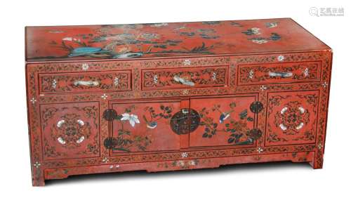 RED LACQUER CHEST WITH JADE PULLS