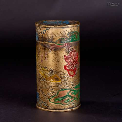 黄铜制莲纹茶叶罐