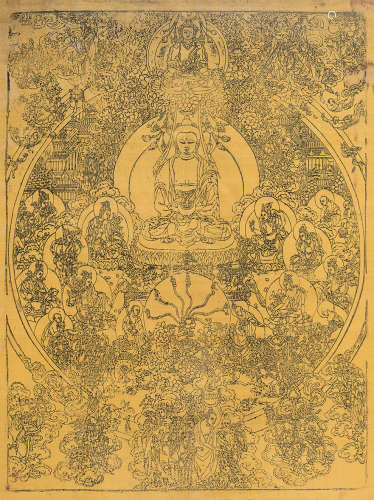 清十八、十九世紀 蒙古墨印極樂世界 絹本 鏡框