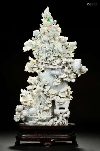 EXQUISITE AND LARGE JADEITE 'FLOWERS AND FRUITS' CARVING