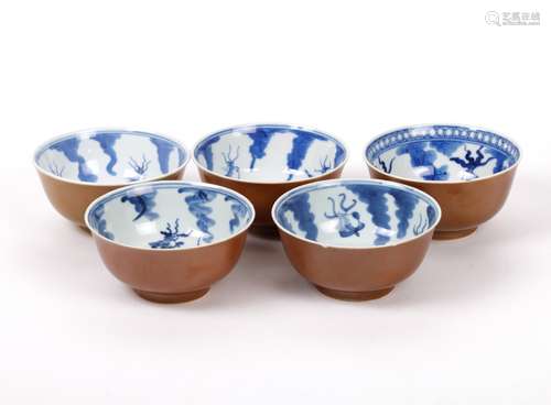 5 Brown Glazed Blue & White Bowls w/ Mark