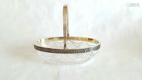 Antique Russian Cut Crystal Silver Oval Bowl