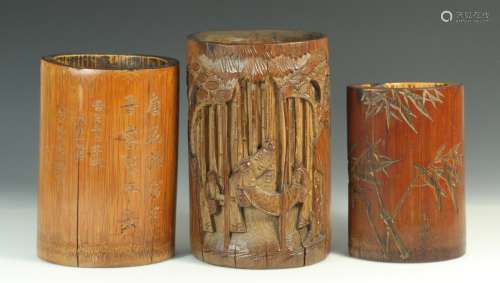 Group of 3 Chinese Bamboo Carved Brush Pot