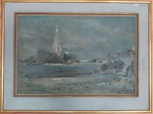 Antique oil on canvas of the seascape signed