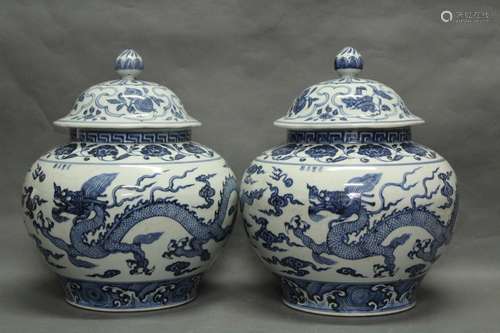 Pair of Chinese Blue/White Porcelain Covered Jars