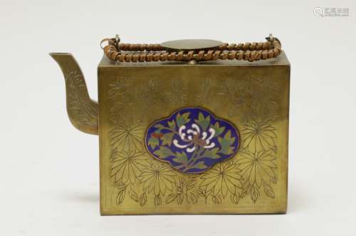 Chinese Brass Rectangular Teapot w/ Enamel