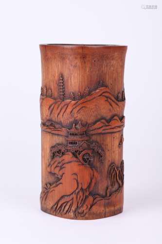 18th C. Chinese Bamboo Brush Pot Finely Carved