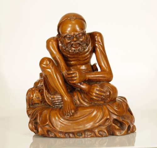 \\Chinese Wood Carving of a Lohan, 19th C.