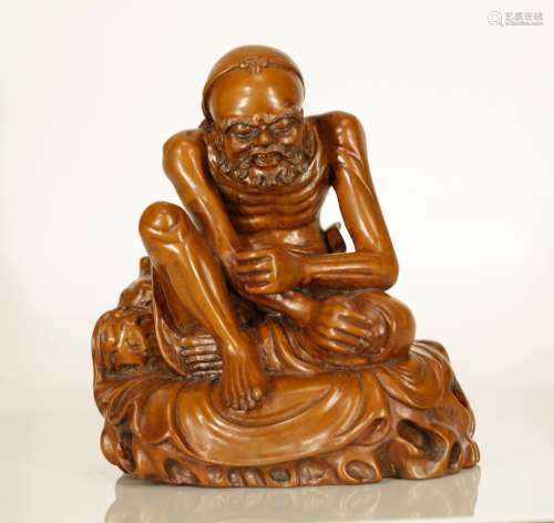 \\Chinese Wood Carving of a Lohan, 19th C.