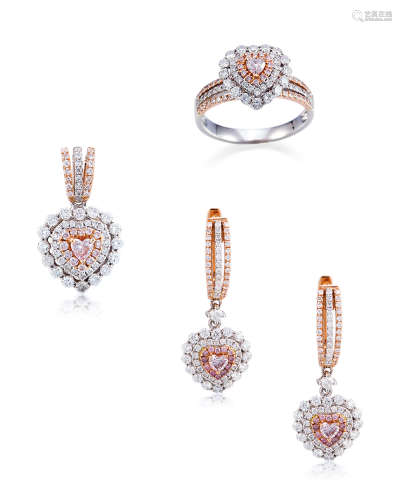 18K白金镶钻石粉红钻石戒指，吊坠及耳环 （一套）