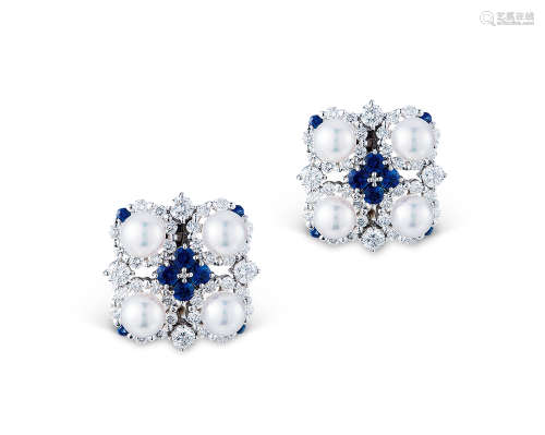 TASAKI，Pt900铂金镶钻石蓝宝石日本珍珠耳环 （一对）