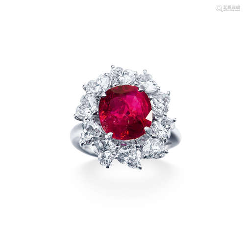 18K白金镶钻石“缅甸（抹谷）~非加热鸽血红”红宝石戒指