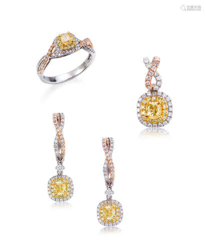 18K白金镶钻石黄钻石戒指，吊坠及耳环 （一套）