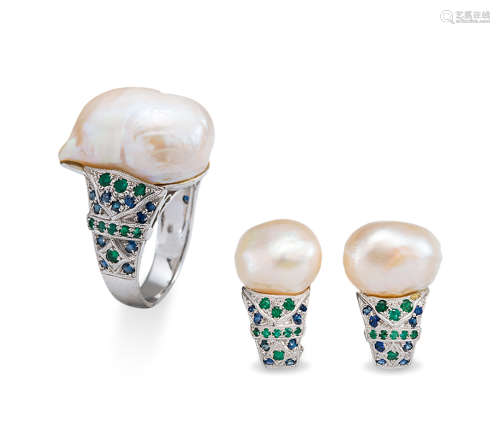 18K白金镶蓝、绿宝石变形淡水珠戒指及耳环 （一套）
