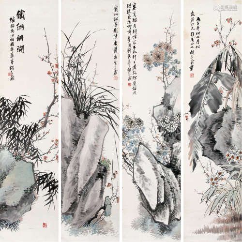 胡公寿 四季花卉 四屏挂轴 设色纸本
