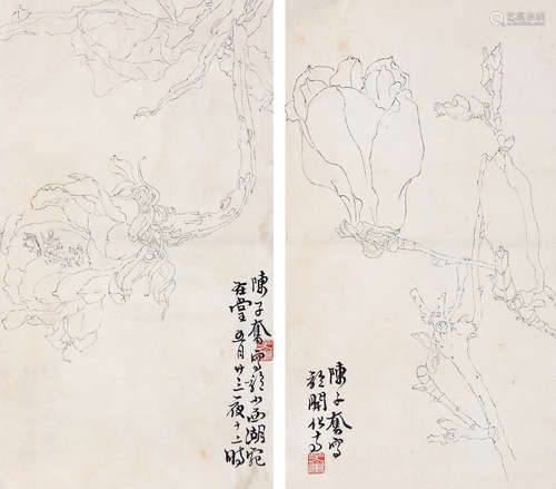 陈子奋 白描花卉 （二幅） 镜心 水墨纸本