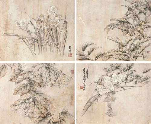 黄士陵 花卉 （四幅） 镜架 设色纸本