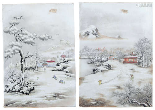 民国 粉彩雪景图瓷板 （二件）