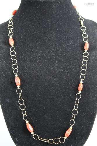 Red coral bead silver necklace.