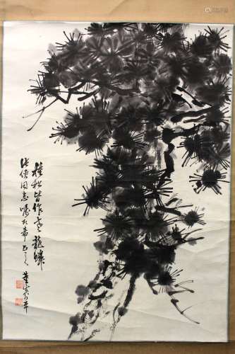 Chinese ink painting on paper scroll, attributed to