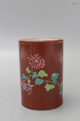 Chinese famille rose porcelain brush pot, marked.