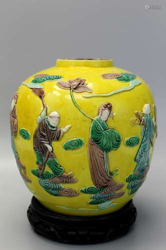 Chinese Sancai on yellow glaze jar.