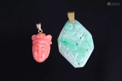 Red coral and jadeite pendants.