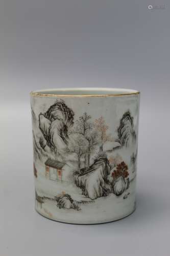 Chinese grisaille porcelain brush pot, Qianlong mark.