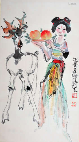 Chinese water color painting on paper scroll, signed