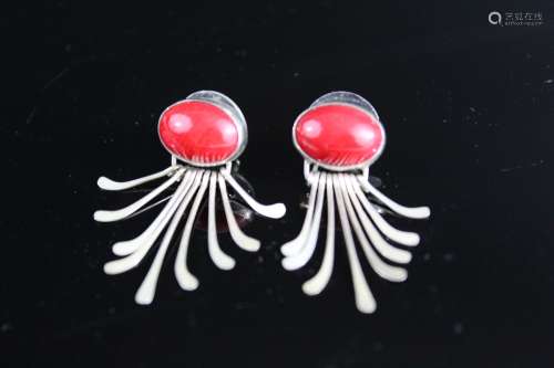 Pair of sterling silver and red coral earrings.