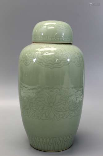 Chinese Celadon Porcelain vase, Qianlong mark. Drilled.