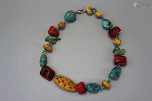Coral, bone and turquoise bead necklace.