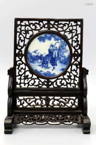 Chinese carved rose wood table screen with porcelain