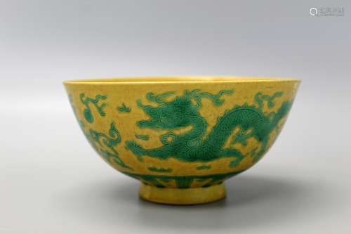 Chinese yellow glaze bowl with green dragon and phoenix