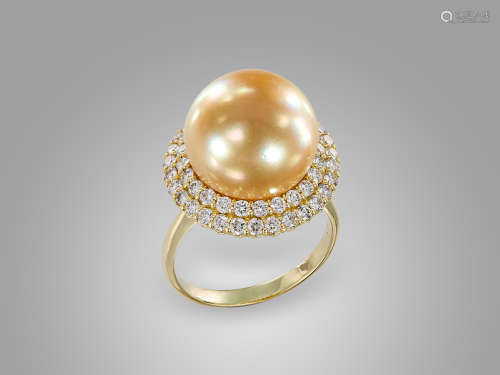金珍珠鑽石戒指鑲18K黃金
