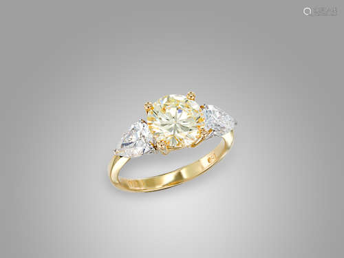 黃鑽鑽石戒指鑲18K黃白金