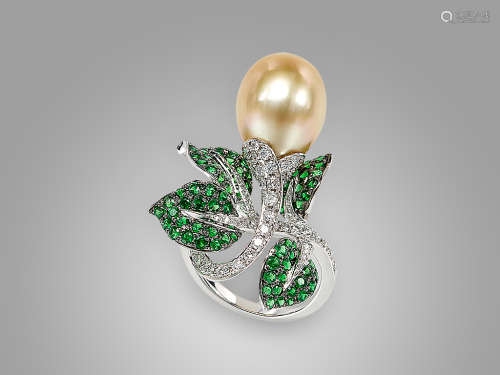 金珍珠、石榴石及鑽石戒指鑲18K白金