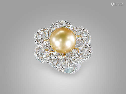 金珍珠鑽石戒指鑲18K白金