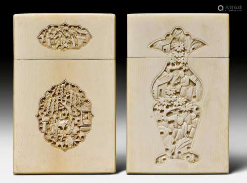 TWO IVORY VISITING CARD ETUIS CARVED WITH DECORATIVE CARTOUCHES AND FIGURATIVE SCENES. China, 19th c. H ca. 10.5 cm. (2)