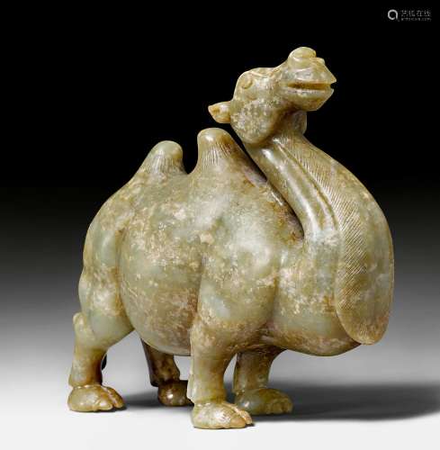 A GREEN JADE FIGURE OF A STANDING CAMEL. China, 20th c. L 16 cm, H 12.5 cm.
