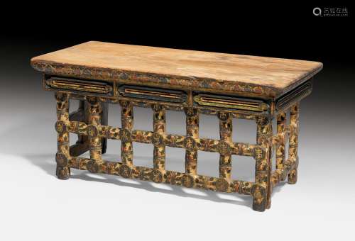 A SMALL PAINT AND GILT LACQUER WOOD FOLDING ALTAR TABLE.